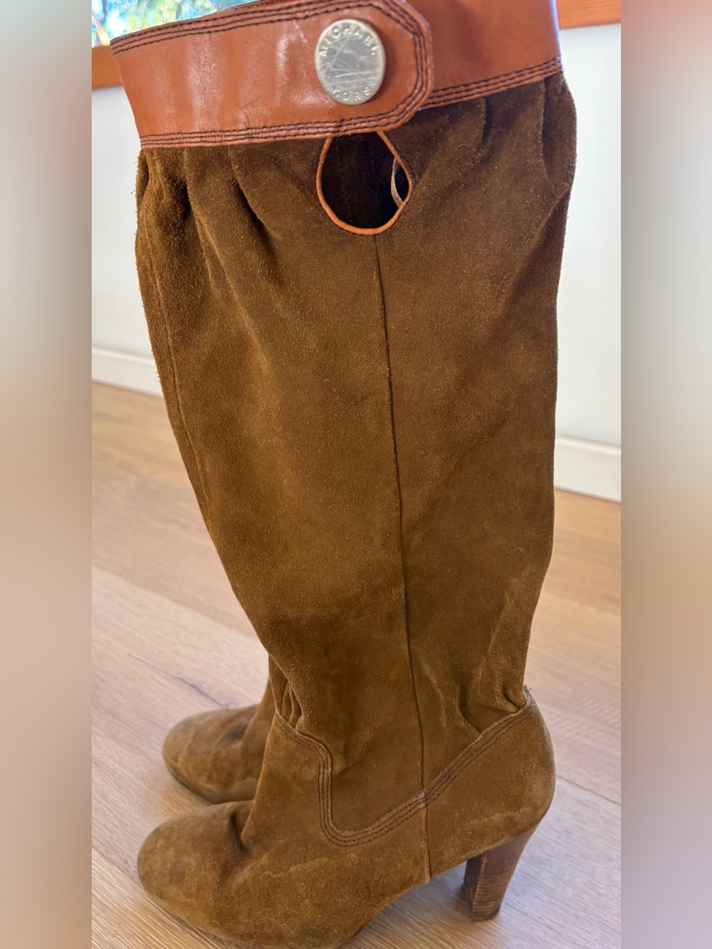 Michael Kors puss-in-boots Suede Knee-High Heeled Boots w/ Tan Leather Trim